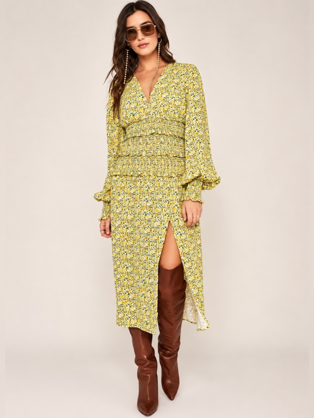 AFRM Yellow Floral Smocked Midi Dress XS